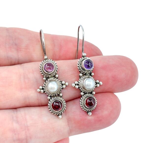 Vintage Southwest Sterling Silver 925 Pearl Amethyst Garnet Drop Earrings - Picture 1 of 8